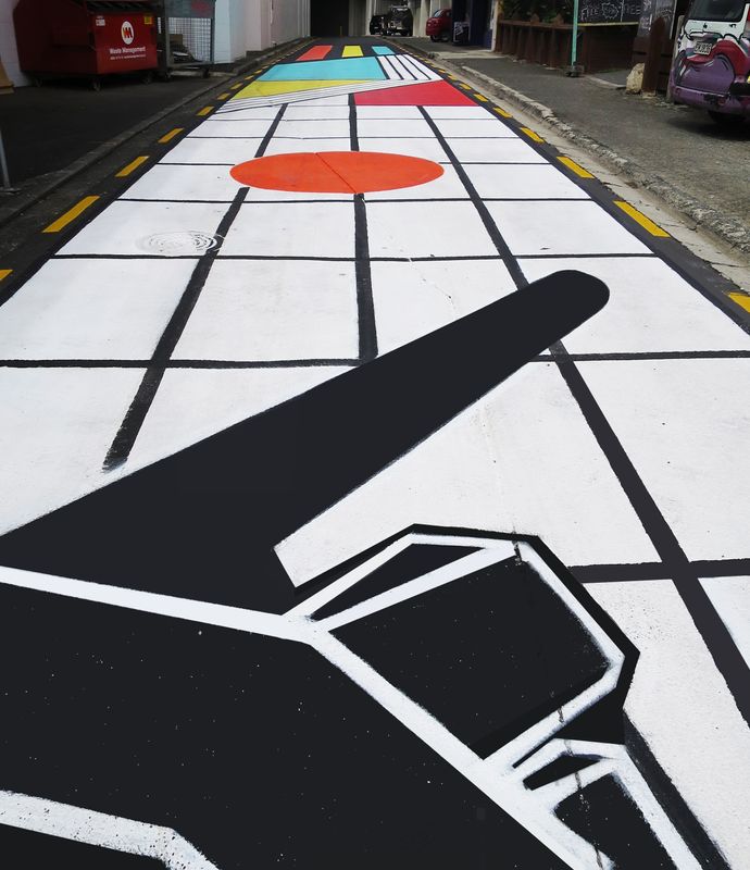 Laneway painting in Northland NZ, inspired by retro Japanese Posters and pop art