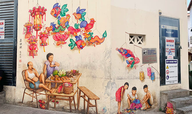 Mural in China Town depicting every day life 