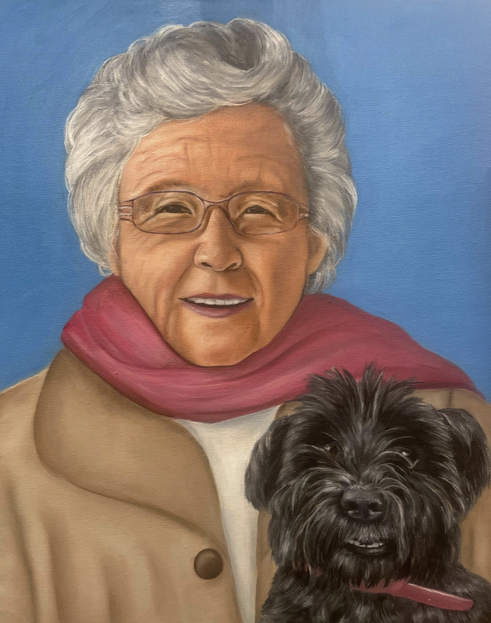 Oil painting of lady with dog.
