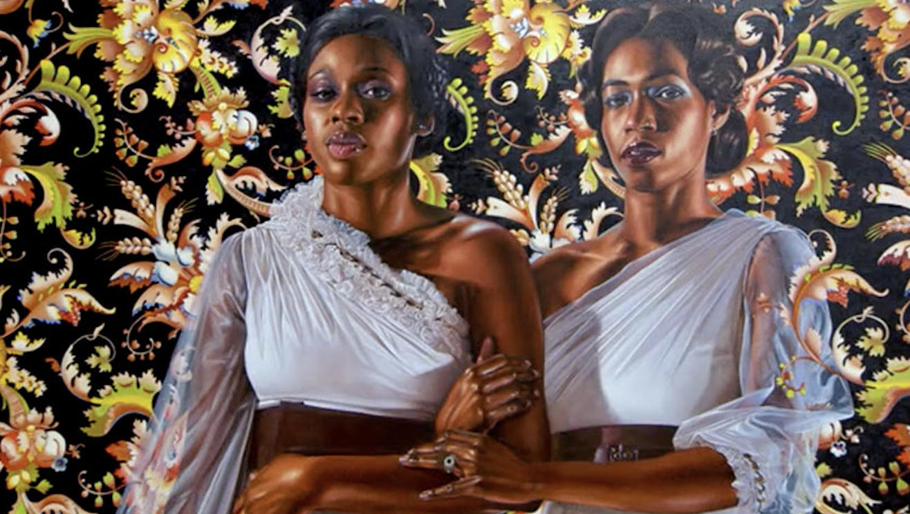 Two women linking arms portrait art