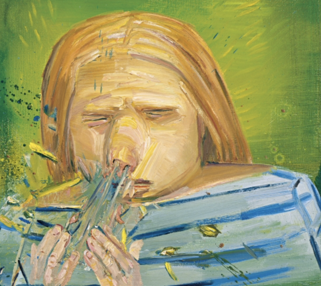 portrait painting of woman sneezing