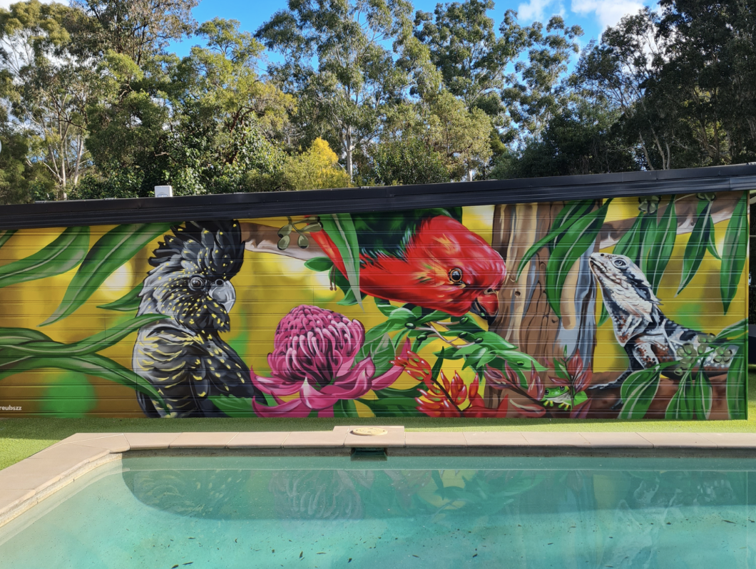 Colourful pool mural featuring Australian wildlife 