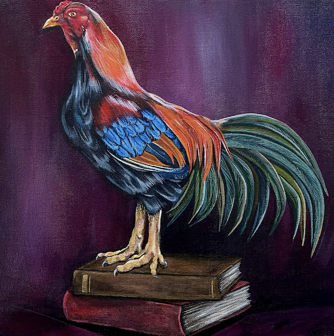 Commissioned artwork of a rooster on some old books by freelance artist.