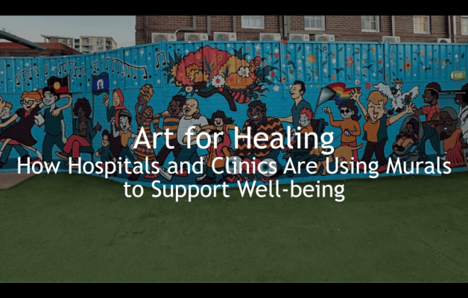St George Hospital mural showing inclusive parade scene in the mental health courtyard.